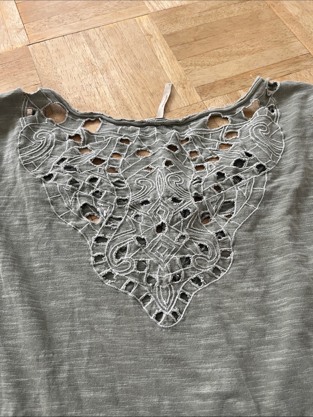 Free People Crochet Long Sleeve Tee in Olive/Grey Flawed* - Picture 7 of 7
